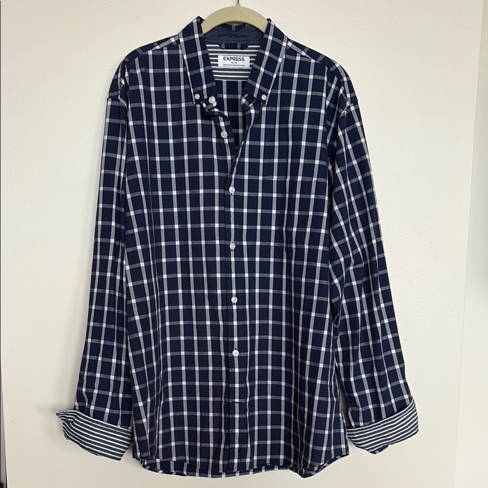 Express Men's Blue Checkered Long Sleeve Button Down Shirt, XL